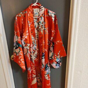 Japanese Kimono Peacock Red 56" Long Floral Peacock Polyester Made In Japan